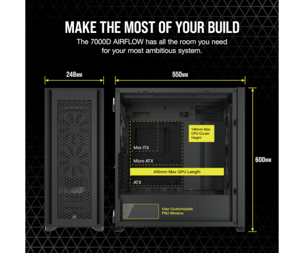 Corsair 7000D Airflow Tempered Glass Black ,Tool-free, no PSU, 3X 140mm FAN , USB3.0, Audio & speaker