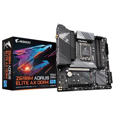 GIGABYTE Z690M AORUS ELITE AX DDR4 , Core™ i3/i5/i7/i9, 4DualDDR4 3200/3000/2933/2800/2666MHZ ,2XPCI-E, 2.5GB LGA1700