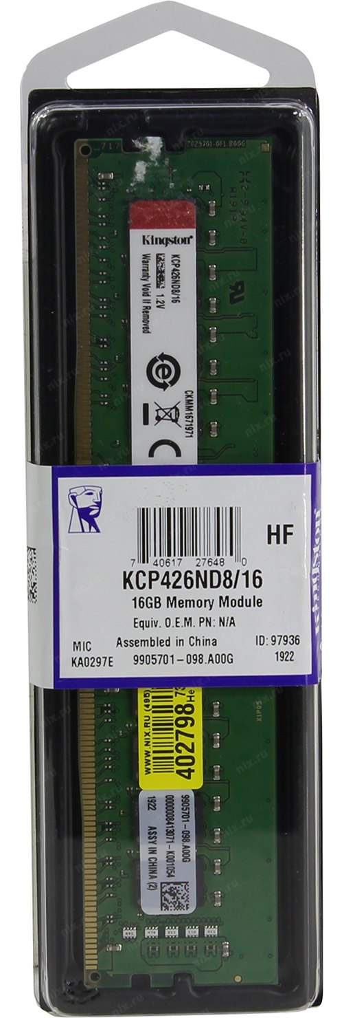 KINGSTON DDR4 16GB 2666MHz DDR4 Non-ECC CL19 DIMM SR x8 PC21300