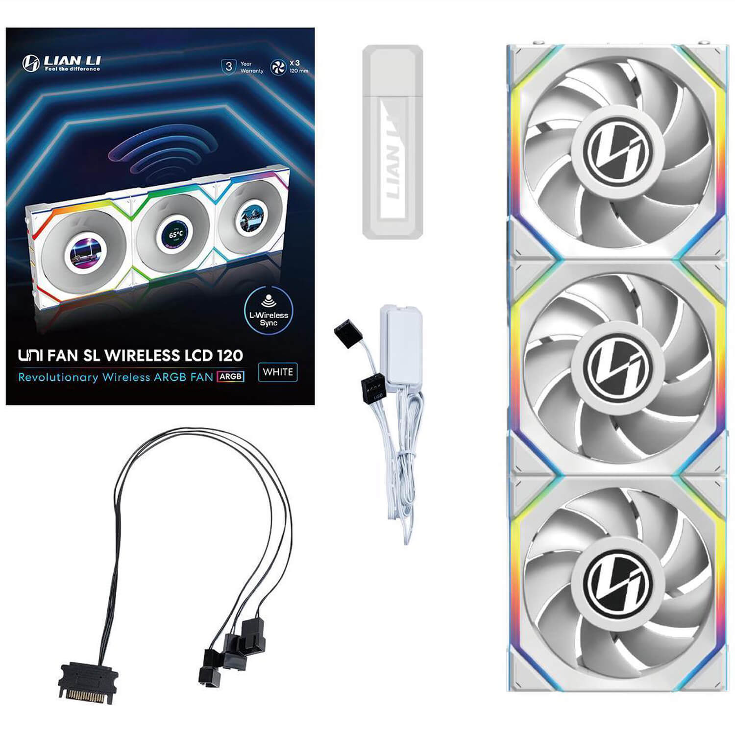 3 מאוררים לבנים למארז Lian-Li UNI SL Wireless LCD 120mm White 3xFans And Conntroller