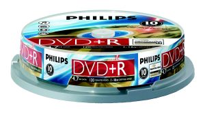 דיסקים לצריבה PHILIPS DVD +R X16 4700MB 120MIN LightScribe CAKE 10