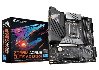GIGABYTE Z690M AORUS ELITE AX DDR4 , Core™ i3/i5/i7/i9, 4DualDDR4 3200/3000/2933/2800/2666MHZ ,2XPCI-E, 2.5GB LGA1700