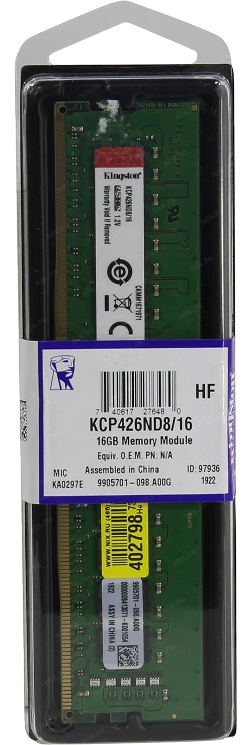 KINGSTON DDR4 16GB 2666MHz DDR4 Non-ECC CL19 DIMM SR x8 PC21300