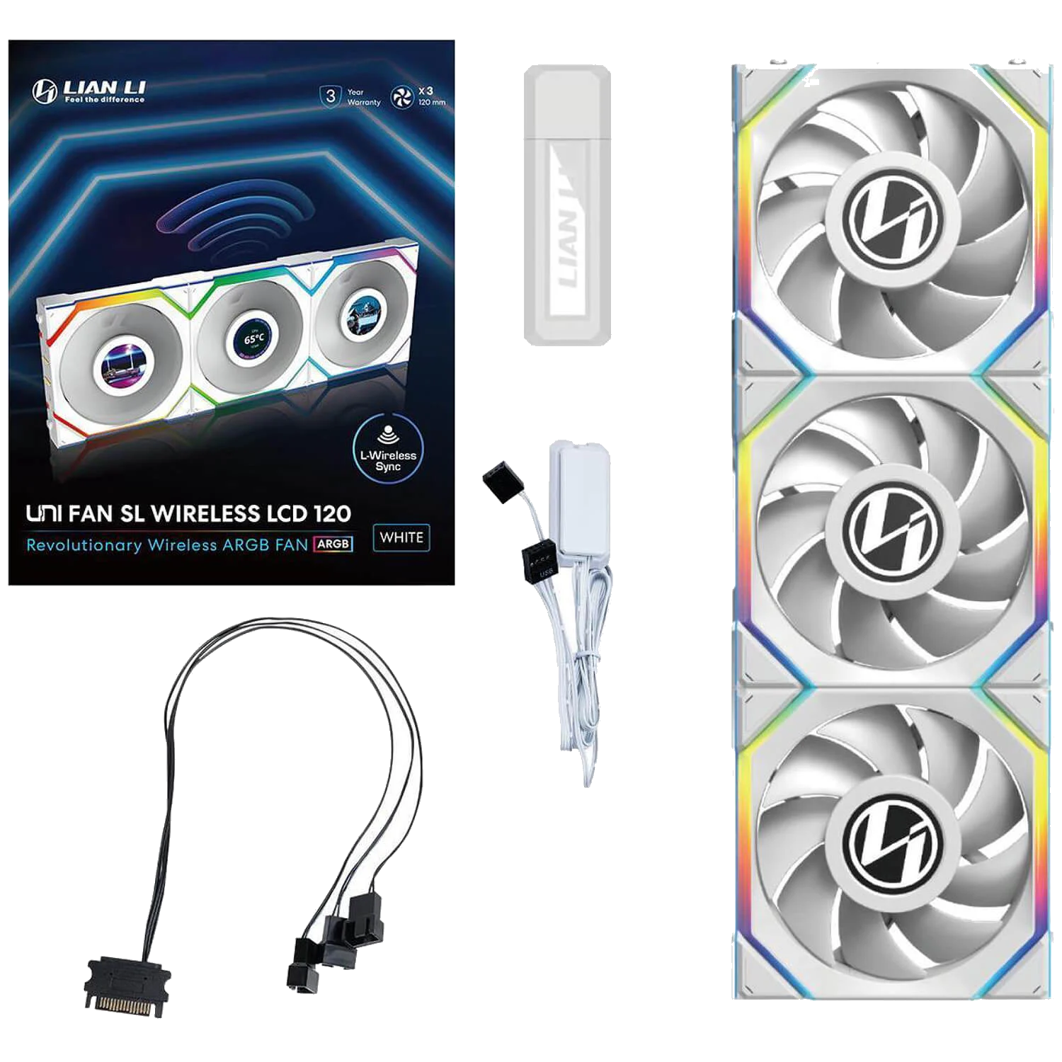 3 מאוררים לבנים למארז Lian-Li UNI SL Wireless LCD 120mm White 3xFans And Conntroller – תמונה 3